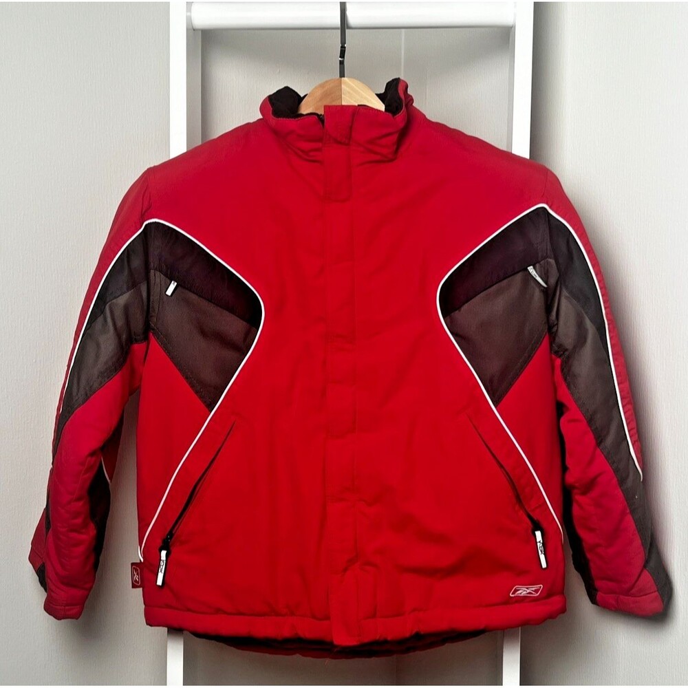 Reebok Winter Snow Jacket Boys Youth M Red Black Nylon Quilt Lined Zip Logo